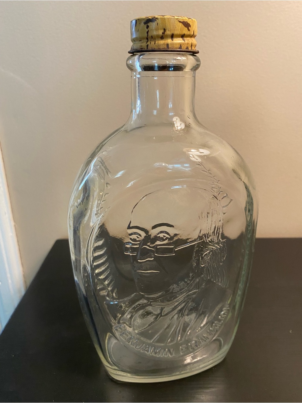 Vintage Log Cabin Syrup Bottle, Benjamin Franklin Embossed Portrait